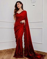 Sari en georgette de luxe festif, orné de broderies de sequins lourds et d'une bordure ajourée, avec un chemisier en soie, pour femmes, vêtements ethniques.