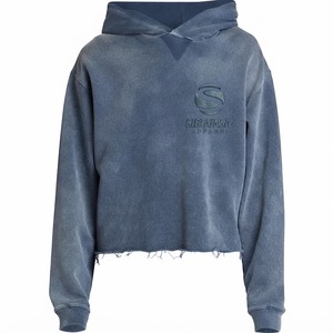 Heavyweight Vintage Copped <b>Hoodies</b> No Strings Distressed Embroidery Patch Unisex Raw Hem Acid Washed Cropped Hoodie <b>Men</b> - Product Image 6