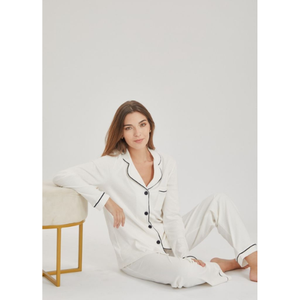 OEM ODM Private <b>Label</b> Manufacturing Vietnam Factory Custom Women Pajamas Long Sleeve Set Organic Cotton Breathable Sleepwear - Product Image 3