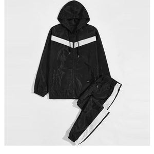 Men Black White Windbreaker Tracksuit Set Hooded <b>Zip</b> <b>Up</b> <b>Jacket</b> Jogger Pants Two Piece Lightweight Sportswear Rain Suit Casual - Product Image 1