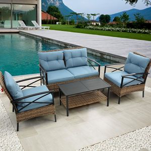 4-Piece <b>Patio</b> <b>Sectional</b> <b>Sofa</b> <b>Set</b> Low <b>Dining</b> & Conversation Outdoor Garden Furniture Cushions KD Rattan Wicker Corner <b>Sofa</b> Design - Product Image 1