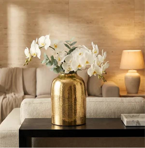 Stately engraved <b>gold</b> metal flower <b>vases</b> featuring ornate patterns on a raised base, pair, available at wholesale prices. - Product Image 2