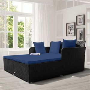 Lettino da esterno in vimini blu navy con cuscini imbottiti impermeabili - Product Image 6