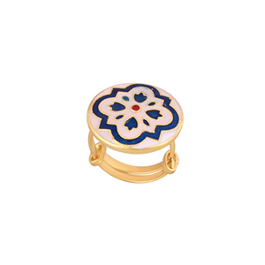 Gold Plated <b>Adjustable</b> Finger <b>Ring</b> for Women Blue White Enamel Round Floral Ethnic Fashion Jewelry - Product Image 1