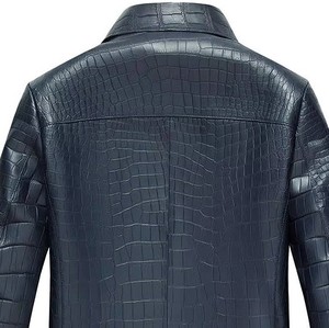 Chaqueta de Cuero Azul Oscuro para Hombre, con Estampado de Cocodrilo, Cuello Camisero, Cierre de Cremallera, Corte Ajustado Informal, para Otoño - Product Image 3