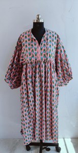 Ethnic Pink Floral Hand Print Cotton Midi <b>Dress</b> With Tie Neck Short Puff Sleeve <b>Loose</b> Fit Casual Summer <b>Dress</b> For Women - Product Image 1