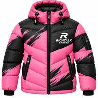 Blouson matelassé à capuche pour homme, col montant, blocs de couleur rose et noir, coupe-vent, en polyester épais, fermeture éclair, idéal pour l'hiver et le sport