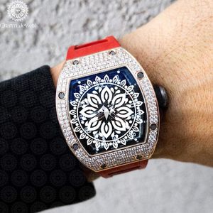 Charm_Jewels Luxury Men's Yellow Gold <b>Diamond</b> <b>Watch</b> 43mm Polygon Analog Mechanical ETA Movement Red Rubber Band - Product Image 4