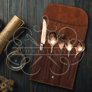 Ensemble de couverts en cuivre forgé à la main avec étui en cuir, 4 pièces, ustensiles de camping, cuillère, fourchette, couteau, ensemble de repas rustique pour l'extérieur - Product Image 4