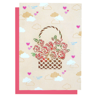 Tarjetas de Felicitación 3D con Cesta de Rosas / Recuerdo de Pascua de Arte Popular / Papel Hecho a Mano con Estampado Dorado y Alta Calidad