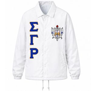 Chaqueta de la hermandad Sigma Gamma Rho con diseño de escudo blanco, personalizada con letras griegas SGRho, ropa de hermandad, cremallera completa, informal, para la universidad - Product Image 1