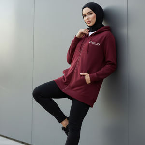 เสื้อฮู้ดแบบสวมใส่สบายสำหรับผู้หญิงมุสลิม ทรงหลวม ซิปยาว แขนยาว สีพื้น เหมาะสำหรับวิ่งและสวมใส่พักผ่อน - Product Image 1