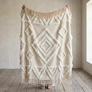 140x200 cm <b>Neutral</b> Beige Tufted Diamond Cotton Throw Oversized Woven Bed Blanket Fringed Moroccan Room Decor Bulk Supplier - Product Image 1
