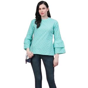 Ensemble long 2 pièces pour femme, imprimé géométrique, haut formel bleu ciel en coton, confortable, respirant, pour un usage quotidien estival, élégant - Product Image 1