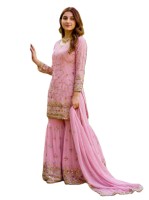 Salwar Kameez traditionnel pour femme, rose brodé en faux georgette, séchage rapide, style indien pakistanais, Sharara pour fêtes et mariages d'hiver