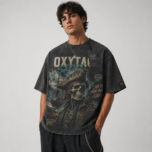 T-shirt surdimensionné vintage délavé à l'acide pour homme, en coton épais, à épaules tombantes, avec imprimé graphique Tête de Pirate, fabriqué sur mesure - Product Image 1