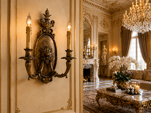 Aplique de Pared de Lujo Estilo Barroco Veneciano con Detalles de Espejo Ornamentados, Marco Decorativo de Latón, Luz de Vela de Cristal y Elabora Decoración - Product Image 6