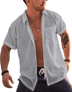 OEM Wholesale High-Quality 100% French Linen Men's Rolled Up Short Sleeve <b>Button</b> Up <b>Shirts</b> Linen Cotton Beach <b>Shirt</b> Tops - Product Image 6