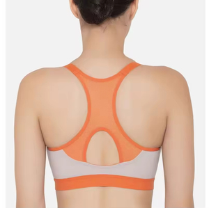 Soutien-gorge de sport gris foncé à bordure orange, fermeture éclair avant, maintien moyen, vêtements de yoga, design sans couture - Product Image 6