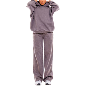 Women Hooded Tracksuit Solid Color Loose Fit Full Length 100% Cotton Washed Fabric Casual Style Autumn Wear Tracksuit - Product Image 3