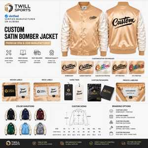 Blouson Bomber en Satin Doré pour Homme, Logo Brodé Personnalisé sur le Devant, Col Montant, Tissu Personnalisable, Streetwear, Vêtement d'Hiver - Product Image 2