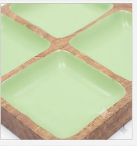 Wooden <b>Square</b> Tray With Three Green Enamel Compartments Rustic Design Handle - Product Image 2