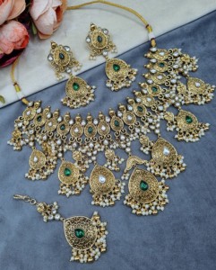 Tear Drop Motif <b>Pearl</b> Fringe <b>Necklace</b> <b>Set</b> With Earrings & Mangtika Gold Plated Wedding Reception Ethnic Jewellery <b>Set</b> Wholesaler - Product Image 4