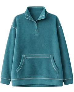 Sweat-shirt surdimensionné en polaire vert sarcelle pour femme, col à boutons, poche kangourou, épais, fabriqué sur mesure - Product Image 1