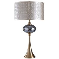 Lampe de table élégante de style Art déco en métal avec abat-jour ajouré à motif de ressort et base en verre sphérique pour un éclairage sophistiqué