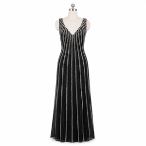 Vestido de Noche de Lentejuelas Negro de Lujo para Mujer |   Elegante Vestido Largo sin Mangas con Cuello en V |   Ropa de Fiesta Premium de Diseñador, Formal, para Invitados de Boda - Product Image 1