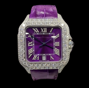 Moissanite Diamond Luxurious <b>Square</b> Case Roman Numerals Wristwatch Purple Color Leather Band <b>Man's</b> All Function Suitable <b>Watch</b> - Product Image 1