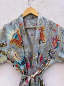 Green 100% Cotton Indian Beach Kimono Robe, Kimono Robe, Cotton Robe, Shower Robe, Maternity Robe, <b>Bath</b> Robe, Dressing Gown, Bea - Product Image 5