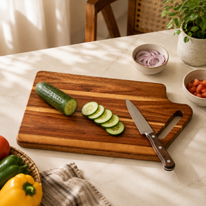 Planche à découper artisanale en bois d'acacia avec poignée 42x17cm pour la cuisine, la découpe de légumes et de fruits, planche de service, OEM personnalisé - Product Image 3