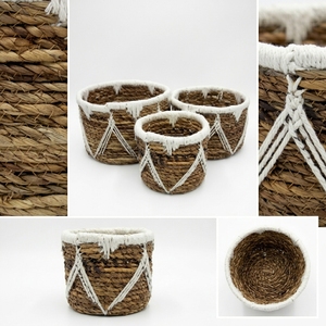 Ensemble de paniers en macramé en écorce de banane naturelle, pot de rangement rond à bordure en treillis triangulaire blanc, décoration pour plantes, design artistique pur - Product Image 2