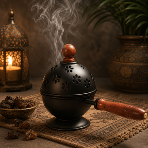 Brûleur à Bakhoor portable en laiton noir avec poignée en bois, Mabkhara en métal, élégant porte-encens décoratif arabe, cadeau pour le Ramadan et l'Aïd - Product Image 2