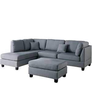 Set di 3 Divani Reversibili con Pouf in Tessuto Poliestere Grigio, Arredamento per Soggiorno, Cuscini per Divano Componibile - Product Image 5