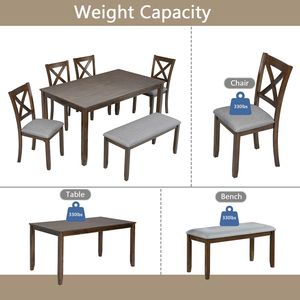 Set da Pranzo 6 Pezzi: Tavolo Rettangolare in Legno con 4 Sedie Imbottite e Panca per 6 Persone, Elegante Set per Sala da Pranzo - Product Image 5