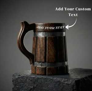 Chope à bière en bois faite à la main, style vintage, travail de sculpture à la main, avec bandes métalliques, vaisselle artisanale pour les hôtels, restaurants et bars. - Product Image 3
