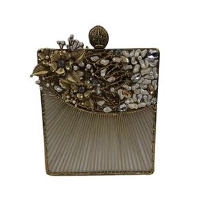 Luxury Mother of <b>Pearl</b> <b>Clutch</b> with Gold Wire Fan Frame <b>Pearl</b> Chip Floral Top Handmade Bridal Evening Statement <b>Bag</b> - Product Image 1