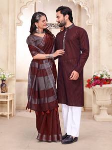 Conjunto Festivo de Lujo para Mujer HENIXA CREATION con Kurta Pajama de Lino Premium de Secado Rápido y Corte Ajustado y Saree Coordinado - Product Image 1