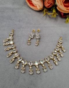 Antique Gold Plated Emerald & Oval <b>Cut</b> <b>Stone</b> Studded American Diamond Necklace Set With Coordinating Earring AD Jewelry Supplier - Product Image 2