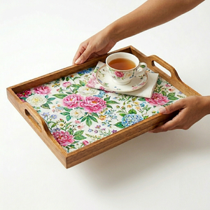 Plateau de service artisanal en bois d'acacia avec incrustation émaillée de qualité supérieure, rectangulaire, décoratif, pour la maison et l'accueil - Product Image 4