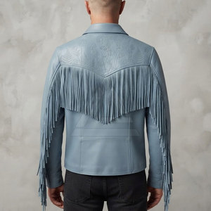 Cowboy Inspired Leather <b>Jacket</b> For Men <b>Western</b> Fringe Outerwear With Embossed Details For Casual Travel And Everyday Style - Product Image 4