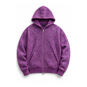 Sweat à capuche zippé pour homme en molleton épais, coupe oversize et carrée, avec strass de luxe thermocollés, style streetwear Y2K, OEM - Product Image 4