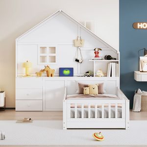 Letto singolo bianco per bambini con finestra, cassetti laterali e mensole, set di prese e porta USB - SKU precedente - Product Image 2