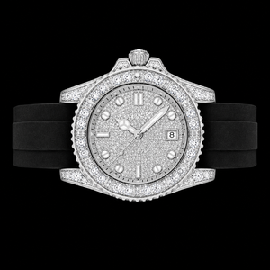 Reloj de pulsera de lujo para hombre con correa de caucho negra, esfera plateada con incrustaciones de piedras y fecha, a la moda. - Product Image 2