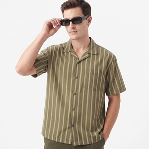 <b>Men's</b> Two Tone Olive Green Striped Button Up Boxy Fit <b>Shirt</b> <b>Short</b> <b>Sleeve</b> Casual Woven <b>Check</b> Top Custom Wholesale - Product Image 1