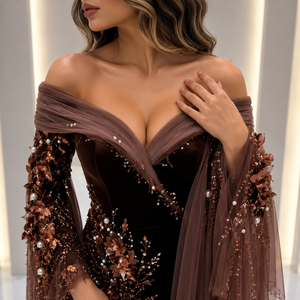 Robe de soirée sirène de luxe marron chocolat avec perles et appliques, taille naturelle, broderie florale 3D et manches transparentes spectaculaires - Product Image 4