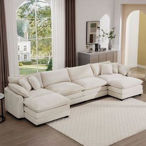 Divano Cloud Comfy Morbido Beige Chiaro per Soggiorno, Imbottito a 4 Posti a Forma di U Modulare con 2 Pouf in Tessuto Corduroy - Product Image 1