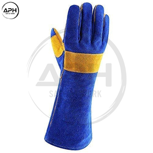 Guantes de Soldadura de Cuero Vacuno Azul con Refuerzo de Palma Amarilla, Resistentes al Calor, con Puño Largo, para Trabajo Pesado - Product Image 3